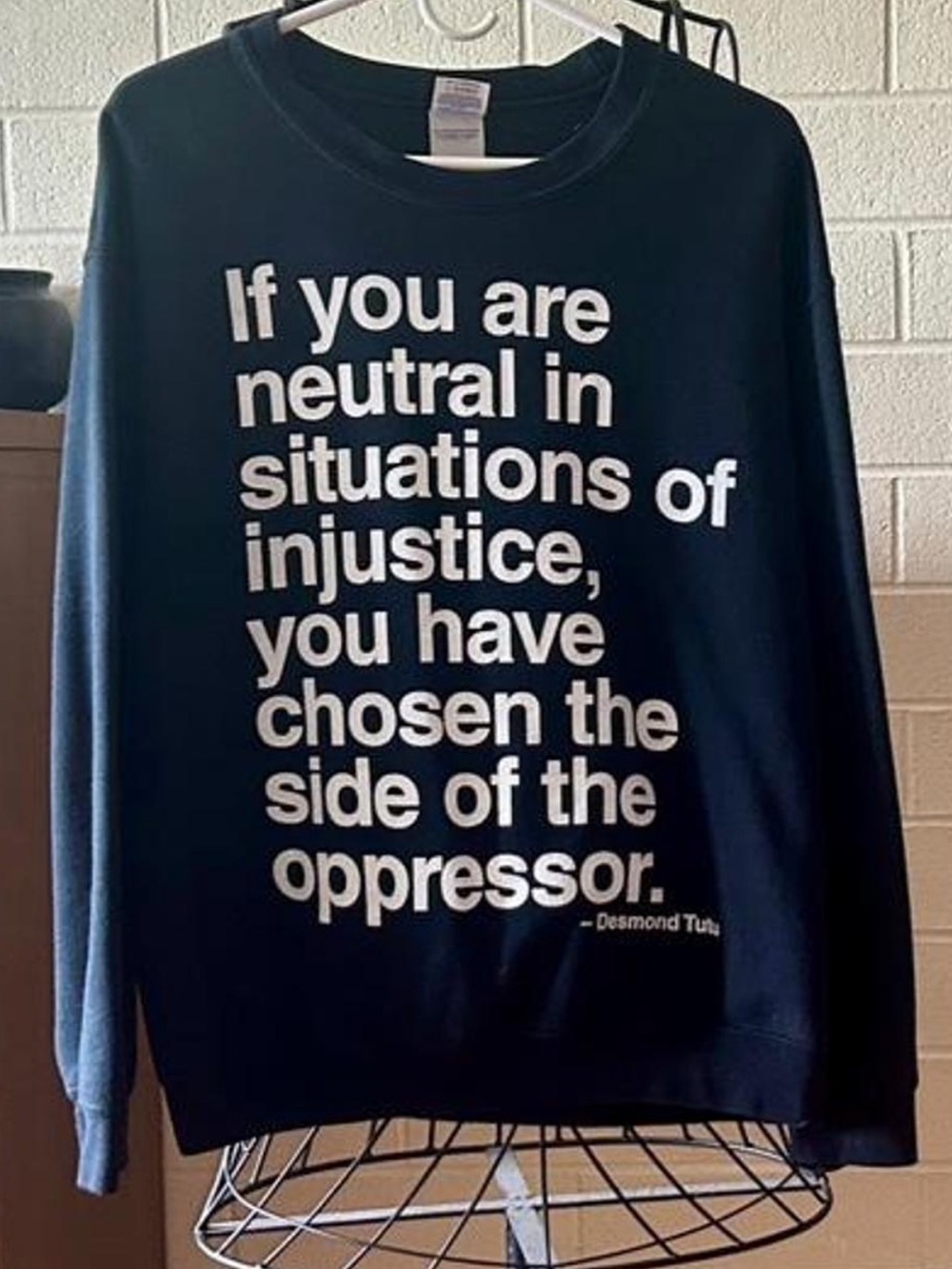 Black Crewneck Sweatshirt with quote from Desmond Tutu - Size M